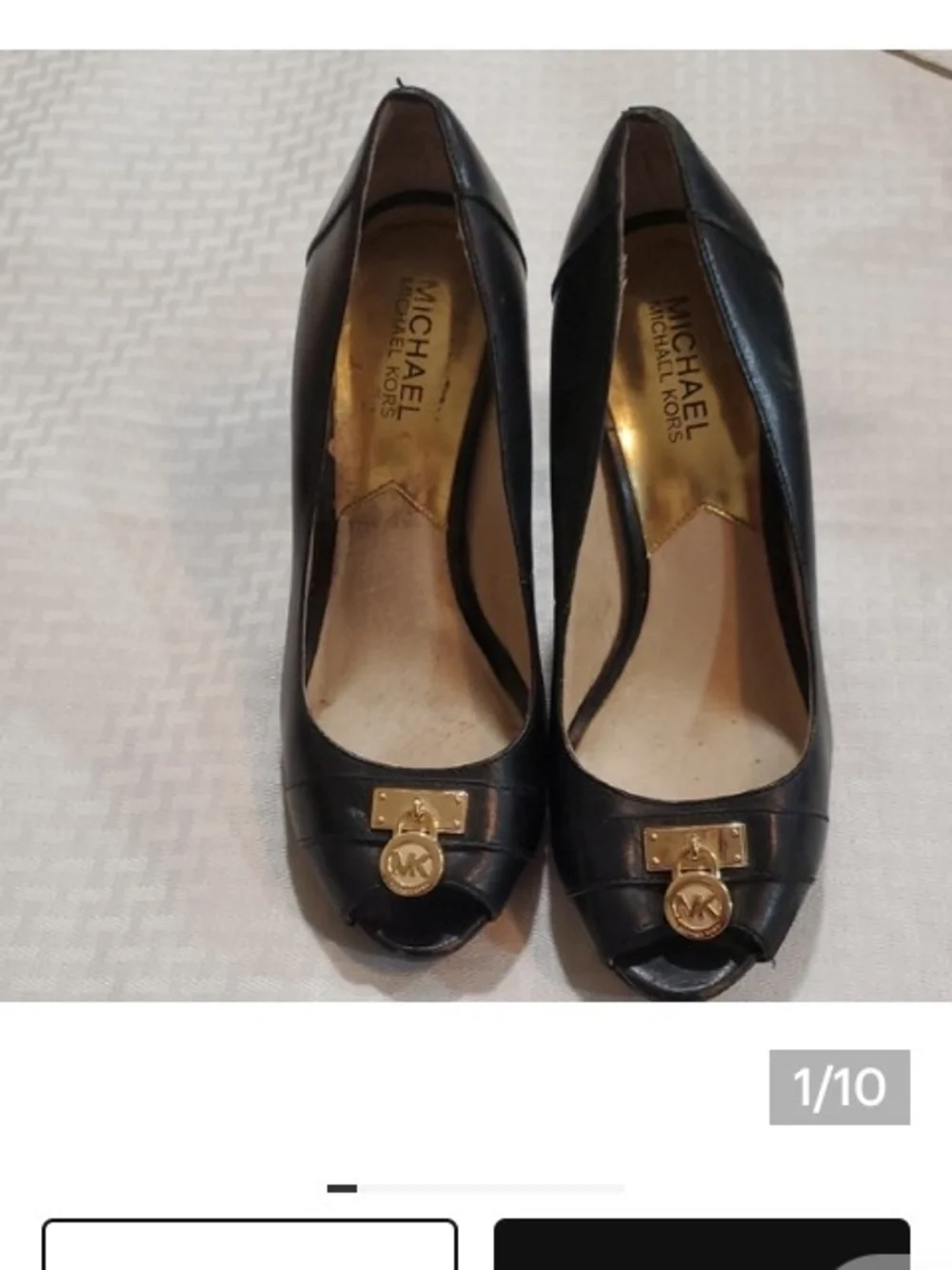 Michael Kors Black Leather Peep-Toe Wedge Pumps with Gold Logo